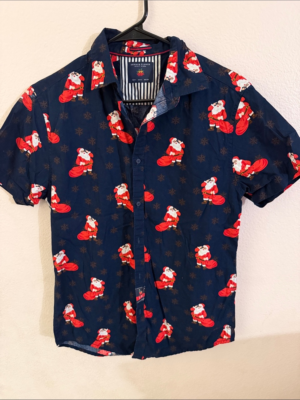 Denim & Flower Navy Short-Sleeve Button-Down with Red Santa Print